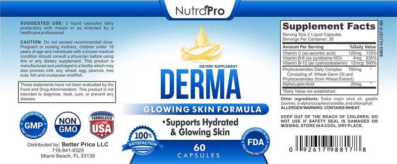 Dermal Repair Complex for Hydrated, Glowing Skin –Anti Aging Supplement with Phytoceramides & Alpha Lipoic Acid. Fast Results Hydration Pills Enhances Smoothness & Reduces Wrinkles. 60 Liquid Capsules