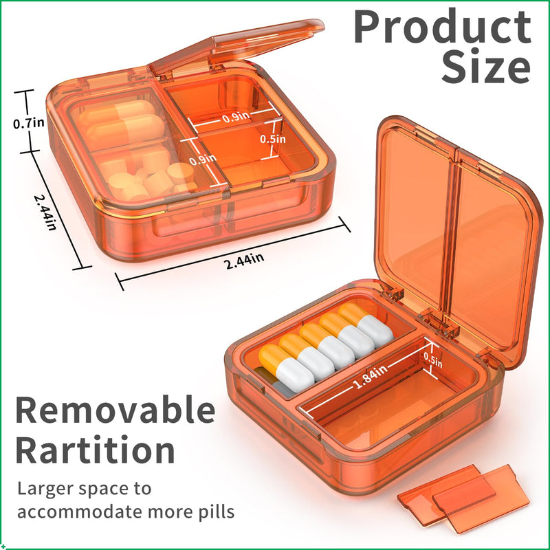 Small Pill Box,4 Compartments Travel Pill Case, Portable Pill Organizer,Mini Pill Container for Pocket,Daily Compact Travel Medicine Holder for Vitamins Fish Oil and Supplement Storage(Orange+Yellow) Orange+yellow