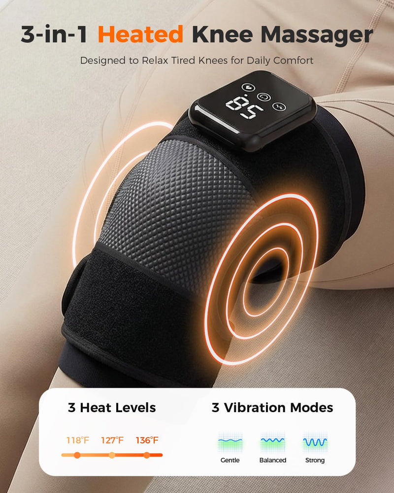3-in-1 Knee Massager for Pain Relief with Heat, FSA Eligible HSA Portable Heated Knee Brace with Extension Strap for Knee, Elbow & Shoulder, Cordless Rechargeable Electric Massagers (Single) Single