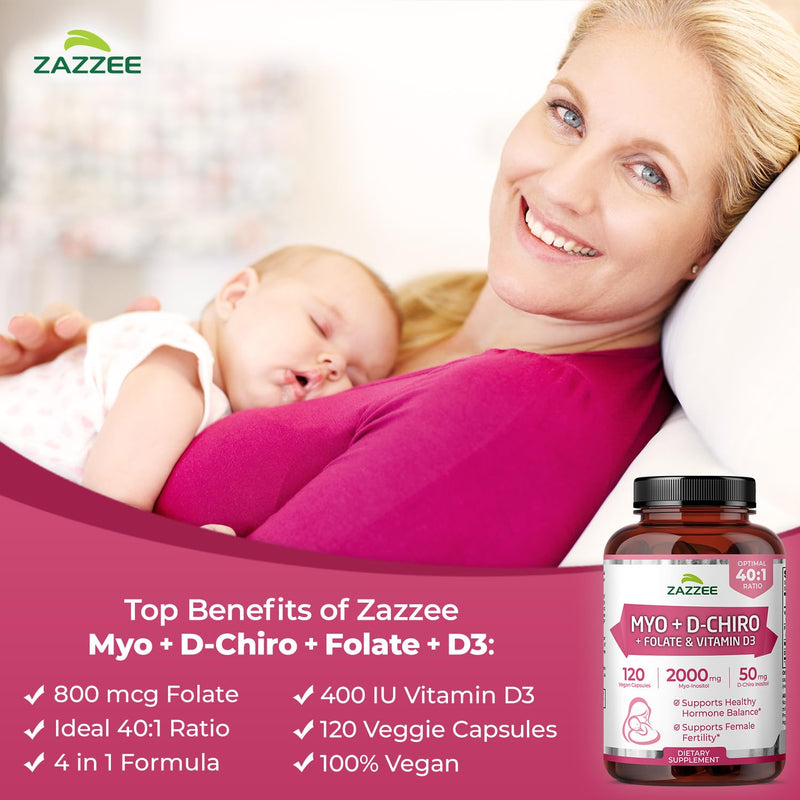 Zazzee Myo & D-Chiro Inositol Ideal 40:1 Ratio with Vitamin D3 & Folate | 120 Vegan Capsules, Hormonal Balance & Cycle Support for Women, Women’s Health Supplement, Non-GMO, Made in the USA 120 Count (Pack of 1)