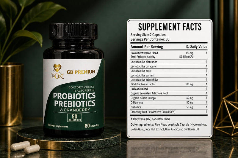Probiotics, Prebiotics and Cranberry Supplement with Lactoferrin, 50 Billion CFU, 60 Capsules