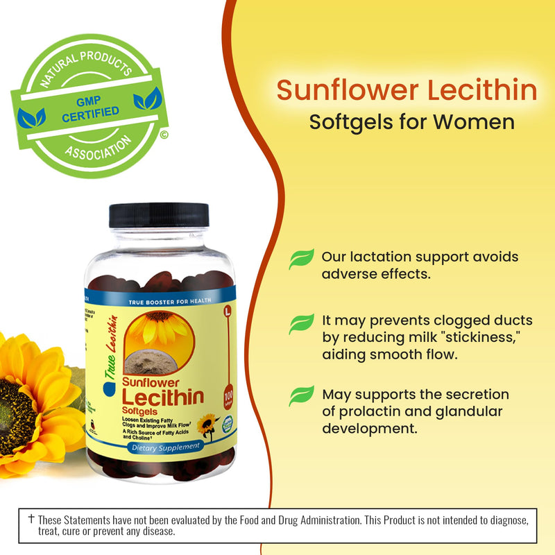 [Australia] - Milk Sunflower Lecithin Softgels - Natural Lactation Support & Duct Relief for Breastfeeding Moms - 1200mg, 100 Softgels - Unblock Clogs, Enhance Milk Flow, Rich in Fatty Acids & Choline 