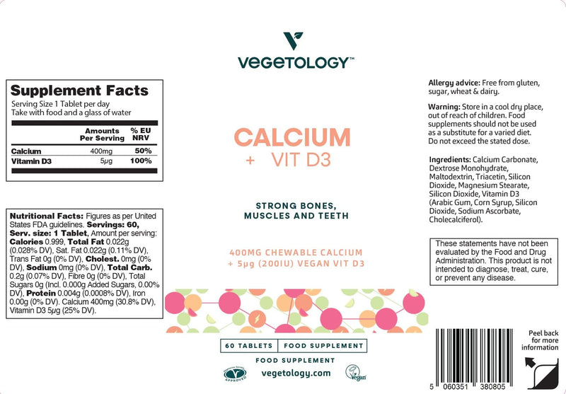 Vegetology Calcium Tablets and Vitamin D3, Chewable Vegan Supplement, Helps Maintain Strong Bones and Support Muscle Function, 60 Count, Age 11+