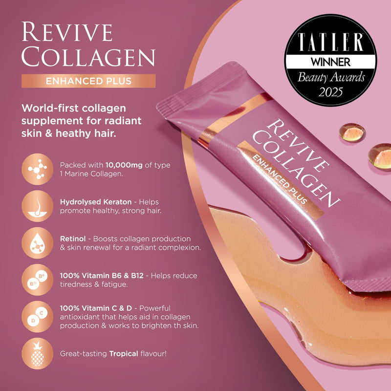 Revive Collagen Enhanced Plus 10,000mg Hydrolysed Marine Collagen Drink with Added Vitamin A & C for Healthy Skin, Hair, Nails & Joints | Tropical | 14 x Sachets