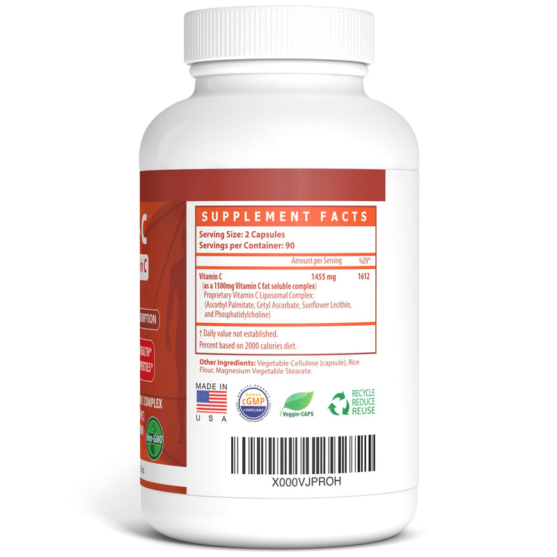 Liposomal Vitamin C - 1500 mg - 180 Veggie Caps - Proprietary Liposomal C Complex with Phosphatidylcholine (PC) from Sunflower Lecithin