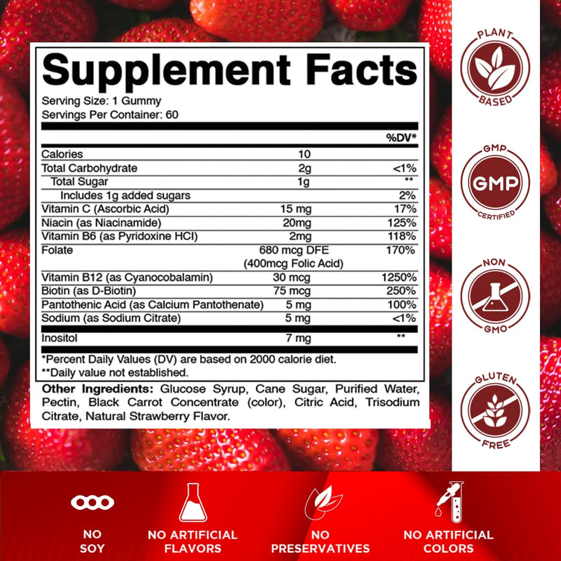 Vitamatic Vitamin B Complex Gummies with Vitamin C & Inositol - Natural Strawberry Flavor - 60 Gummies