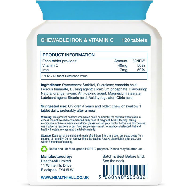 Health4All Kids Iron 120 Chewable Tablets 4 Months Supply, Vegan Sugar-Free Iron Supplement for Children 4+ Supports Learning, Growth & Immune System, Natural Orange Flavour, Made in UK (not Gummies) 120 count (Pack of 1)