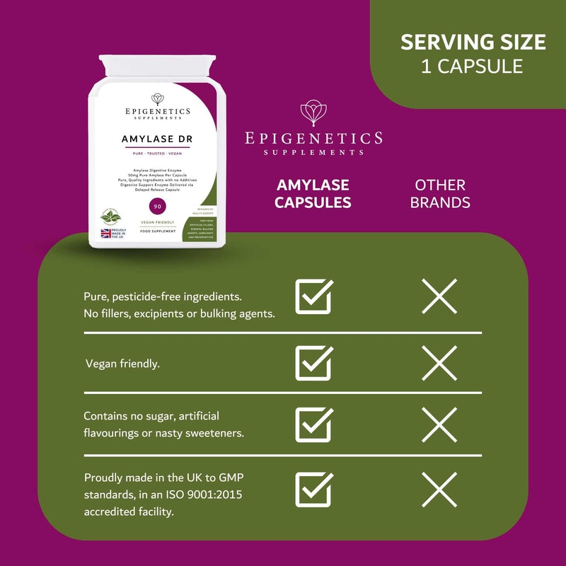 Amylase Delayed Release (DR) 50mg of Digestive Support Enzymes | 90 Vegan Friendly Capsules UK Made | Long 3 Month Supply by Epigenetics Supplements 90 count (Pack of 1)