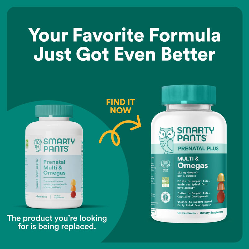 SmartyPants Prenatal Vitamins for Women, Multivitamin Gummies: Omega 3 Fish Oil (EPA/DHA), Biotin, Methylfolate, Vitamin D3, C, Vitamin B12, B6, A, K & Zinc, Inositol, 120 Count (30 Day Supply) 30 Servings Discontinued - 30 Day Supply