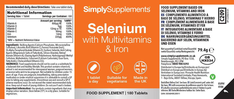 Selenium with Vitamins A, C, D, E & Iron | Supports Healthy Hair, Nails & Immune Function | 360 Tablets (180 + 180) = 12 Months’ | Manufactured in The UK in Accordance with GMP Standards. Unflavoured 180 count (Pack of 2)