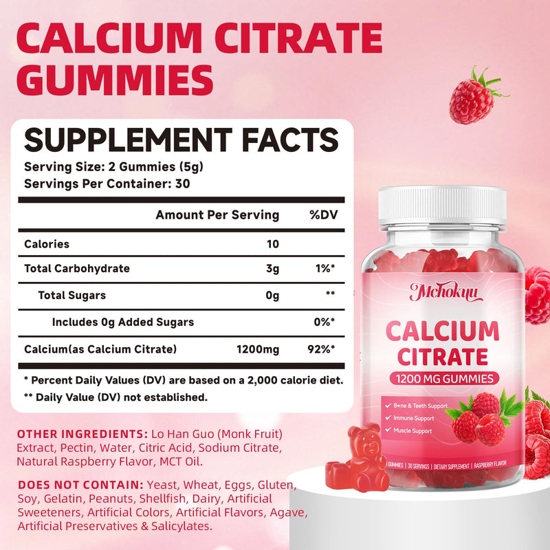 Calcium Citrate Gummies 1200mg Chewable Calcium Supplement for Women & Men, Supports Bone, Muscle & Immune Health, Sugar-Free, Non-GMO, Gluten-Free, Natural Raspberry Flavor, 60 Count 60 Count (Pack of 1)