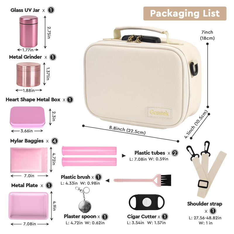 Gosstek PU Leather Odorless Carrier Bag with 10 Small Accessories, Portable Smell Proof Box Case with Lock and Great Gift for Women, Childproof Organization Container Box 9 X 6 X 4 Inches (Beige)