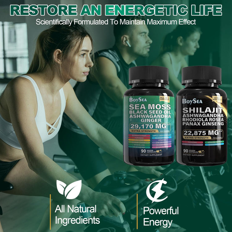 [Australia] - Boysea.Sea Moss and shilajit Bundle - 90 Count - Sea Moss 7000mg, Black Seed Oil 4000mg, Ashwagandha 2000mg, Ginger & Shilajit 9000mg, Rhodiola Rosea 1000mg, All in 1 Supplements (1 Pack) 90 Count (Pack of 2) 