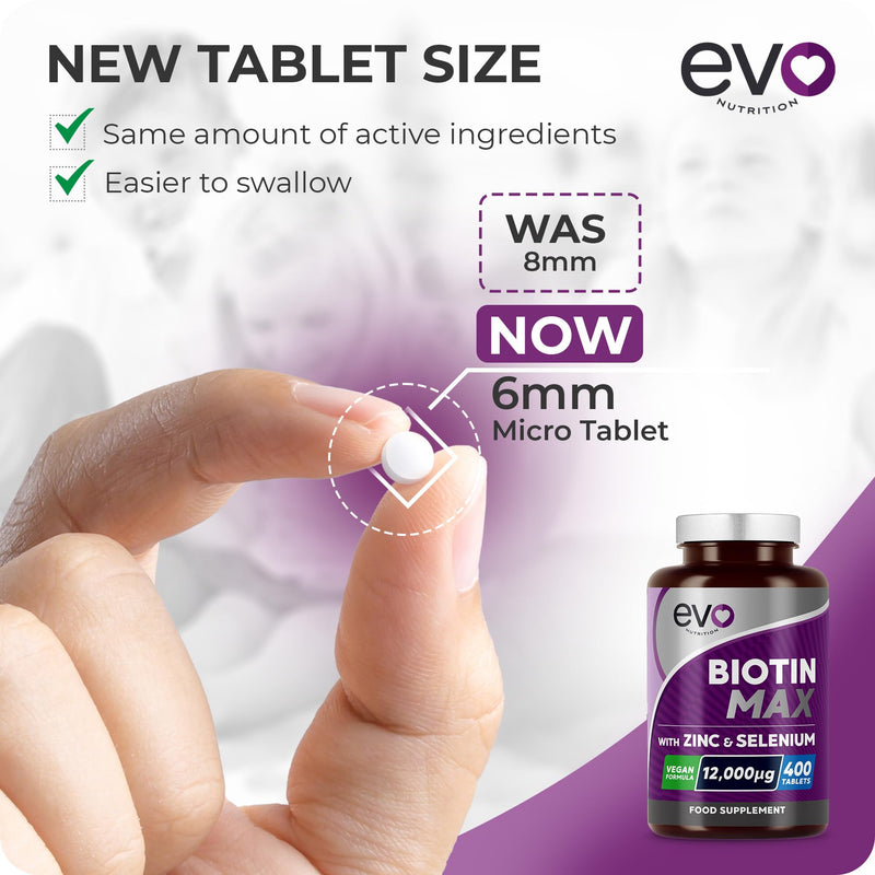 Biotin Max with Zinc & Selenium | High Strength Vitamins & Minerals to Support Hair, Skin & Nail Health | Vegan Food Supplement Complex | 400 Tablets for a 13 Month Supply | UK Made by EVO Nutrition