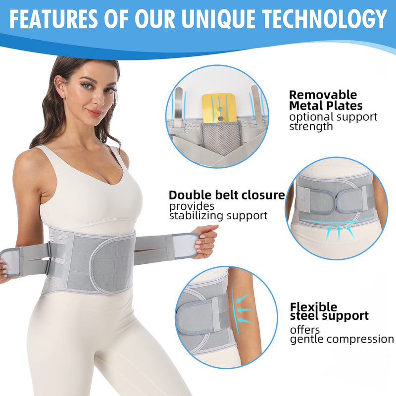 [Australia] - Back Brace for Lower Back Pain Relief - Back Support Belt for Women & Men for Herniated Disc, Sciatica. Removable Stays for Lower Back Support with 2 Different Hardness Sets (Grey, Medium) Grey 