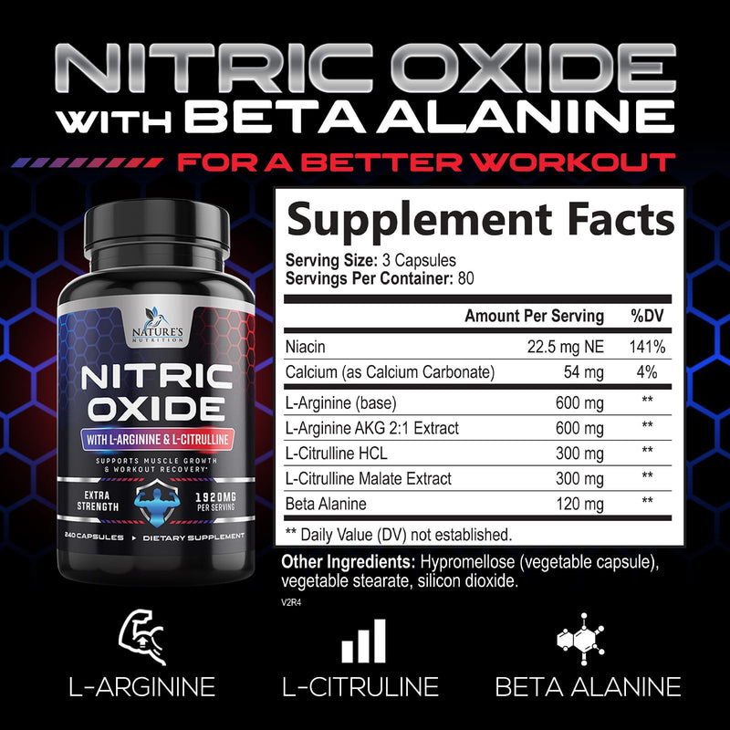 [Australia] - Extra Strength Nitric Oxide Supplement L Arginine 3X Strength - Citrulline Malate, AAKG, Beta Alanine - Premium Muscle Supporting Nitric Oxide Booster for Strength & Energy Supplements - 240 Capsules 240 Count (Pack of 1) 