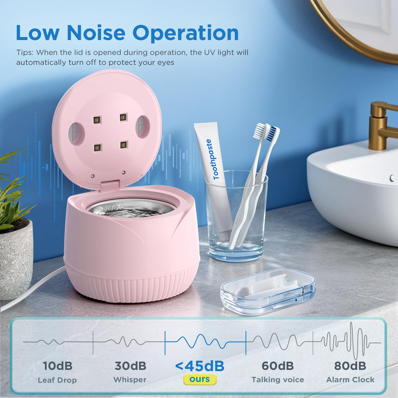 [Australia] - Dental Ultrasonic Retainer Cleaner Machine - Dental Cleaning Pod for Denture, Mouth Guard, Aligner, Night Guard, Braces, Toothbrush Heads, Jewelry, 45kHz Retainer Cleaner with Digital Timer & 200ML Pink 