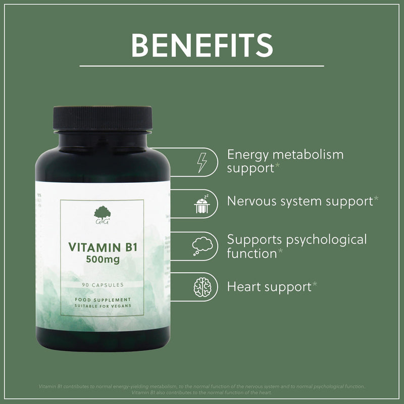 Vitamin B1 Thiamine HCl Capsules | 500mg of B1 Thiamine HCl per Capsule | 90 Vegan Capsules | G&G Vitamins Single