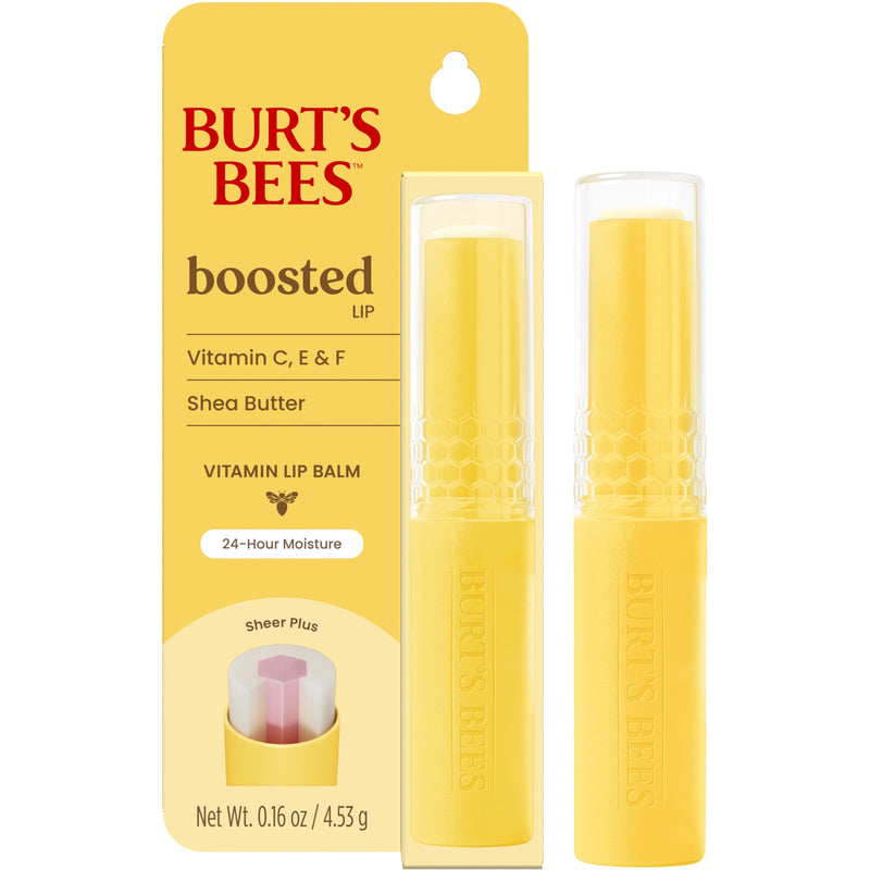 Burt's Bees Boosted Lip Balm Sheer Plus; Vitamin Lip Balm, Nourishing Vitamin C, E, and F Core; 24 Hour Moisture; Tint Free, Semi Glossy Finish; 100% Natural Origin; 1 Tube; 0.16 Oz. (Pack of 2) 1 Count (Pack of 2)