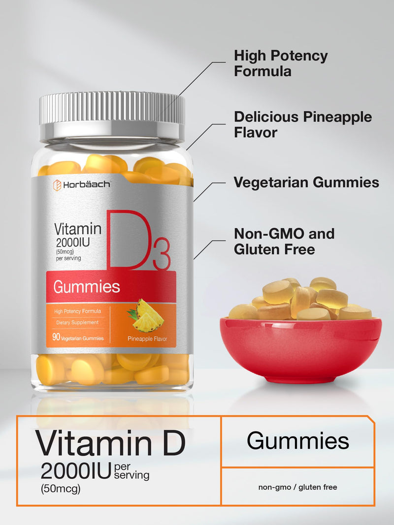 Horbäach Vitamin D3 2000 IU Gummies | 90 Count | Vegetarian | 50 mcg | Pineapple Flavor | Non-GMO, Gluten Free Supplement