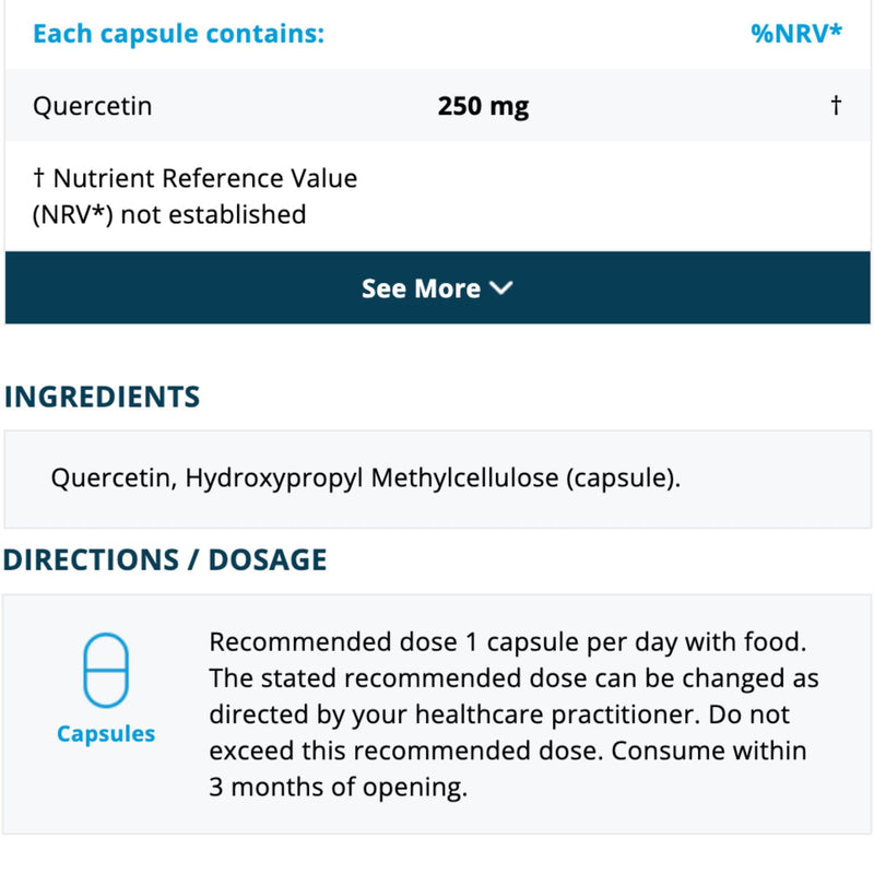 Metabolics Quercetin 250mg Capsules, Natural Flavonoid from Sophora Japonica — UK Made GMP Certified — Pure, Additive-Free Formula — Vegan — 60 Capsules