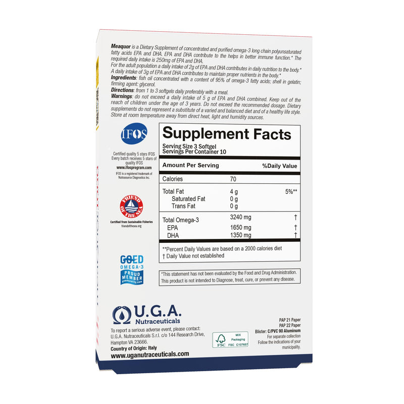 Meaquor 1000 Omega 3 Fish Oil Capsules IFOS Certified - Omega3 1000mg Supplement with EPA and DHA - No Aftertaste (30 Softgel Caps) 30 count (Pack of 1)