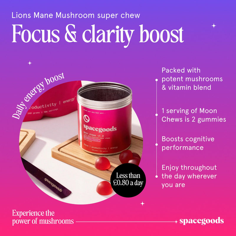 Spacegoods Moon Chews 240g, 30 Servings, Lion's Mane Super Chew, Focus & Clarity Boost, On-The-Go Convenience, Delicious Texture and Taste, Strawberry Flavour