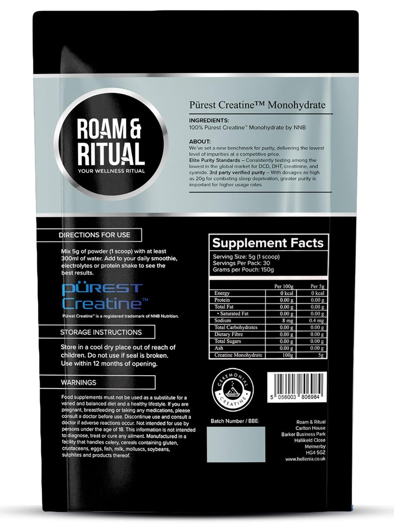 Ceremonial Creatine™ Powder 150g | Unflavoured, No additives or fillers | Third Party Verified for Purity | Purest Creatine™ - Lowest in the Market for DCD, DHT & Creatinine by Roam & Ritual™