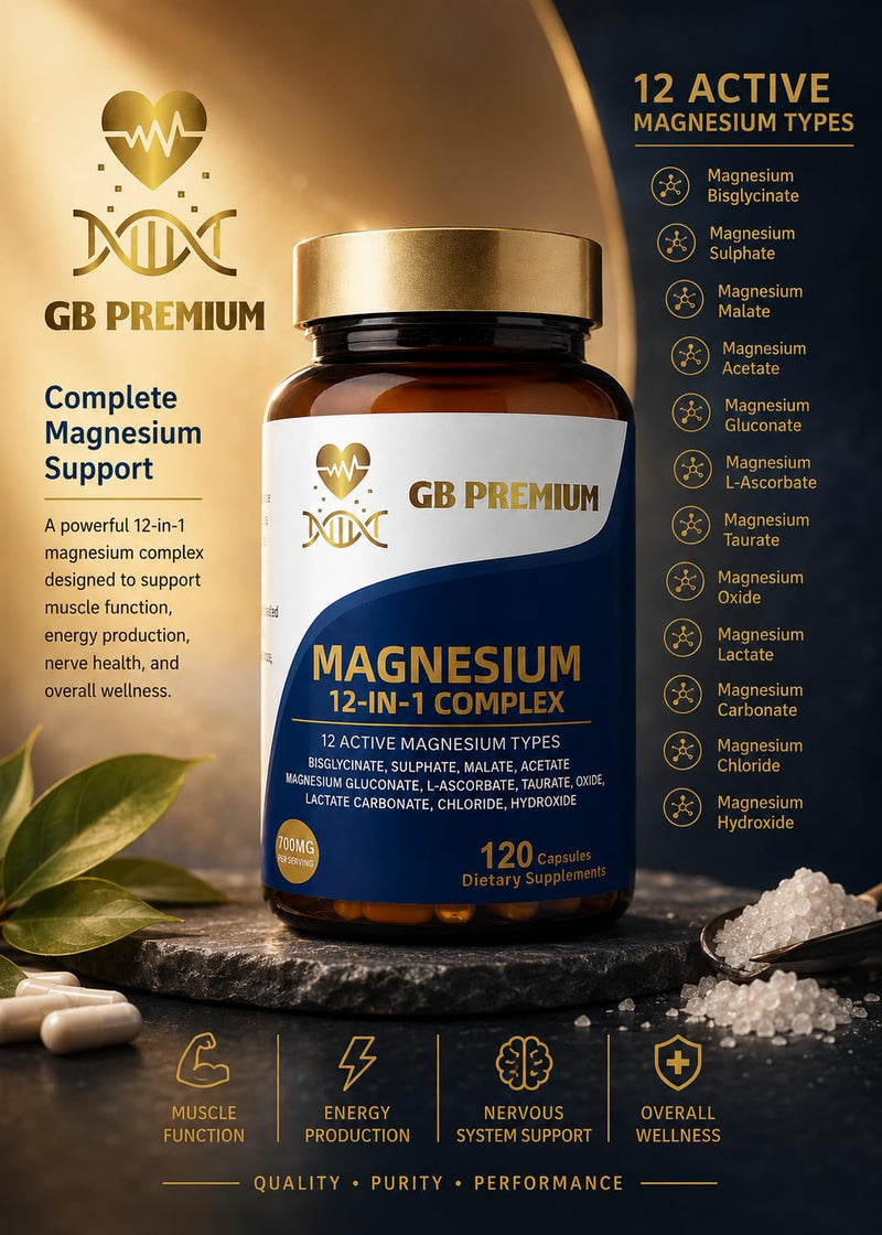 Magnesium 12-in-1 Complex, 700mg per Serving, with Bisglycinate, Malate, Taurate & Oxide, 120 Capsules