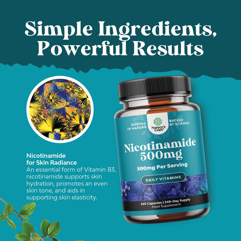 High Strength Nicotinamide 500mg Capsules - 240 Count - Vitamin B3 Supplement for Energy, Skin, and Immune Support - Flush Free Niacin Supplement - Non-GMO, Vegan, Gluten-Free, and GMP Certified