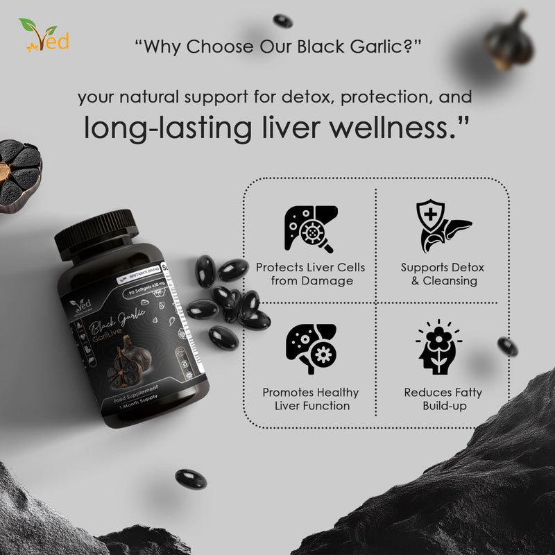 VED GarliLive, 90 Softgels, Fermented & Odourless Black Garlic Supplement with Dandelion Root, Yarrow herb, Immortelle herb, Vitamin E, B6, B2 & B1, Non-GMO, Halal, 3 Softgels per Day.