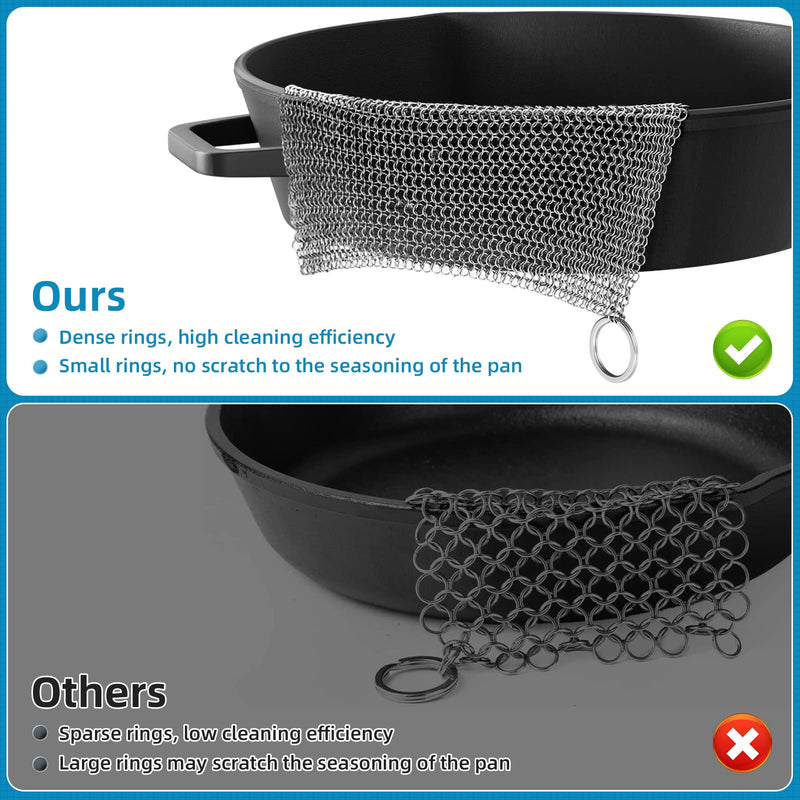 [Australia] - SUBEKYU ANTI-SCRATCH Cast Iron Scrubber with Pan and Grill Scrapers, 316 Stainless Steel Chain Mail Scrubber Cast Iron Cleaner, Metal Cleaning Kit Tools Include Chainmail Scrubber, 6"x6" Silvery+black 6"x6" 