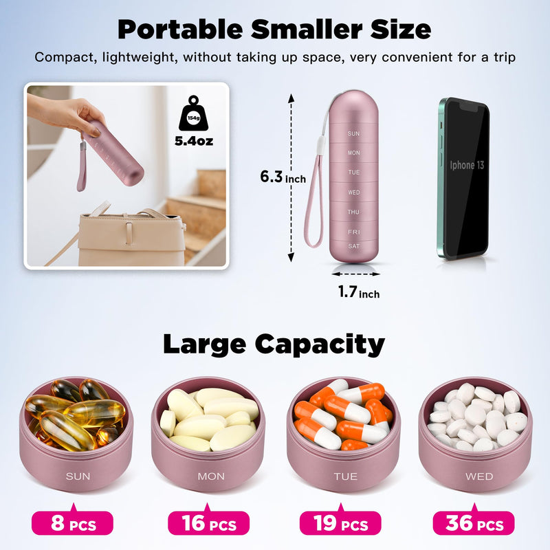 Zannaki Metal Moisture Proof Weekly Pill Organizer, Stackable Aluminum Alloy BPA Free Travel Hiking 7 Day Pill Box Case Waterproof and Large Compartment to Hold Pills, Vitamins, Fish Oil, Supplements Pink