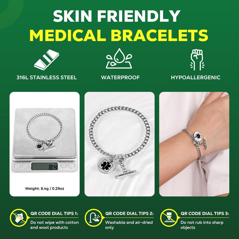 [Australia] - Upgraded QR Code Medical ID Bracelets for Women Medical Alert Bracelet - Sterling Silver 7'' Cuban Chain Link - More Space Save & Change Emergency Medical Info Anything 7.08'' Thin Cuban chain-Silver 