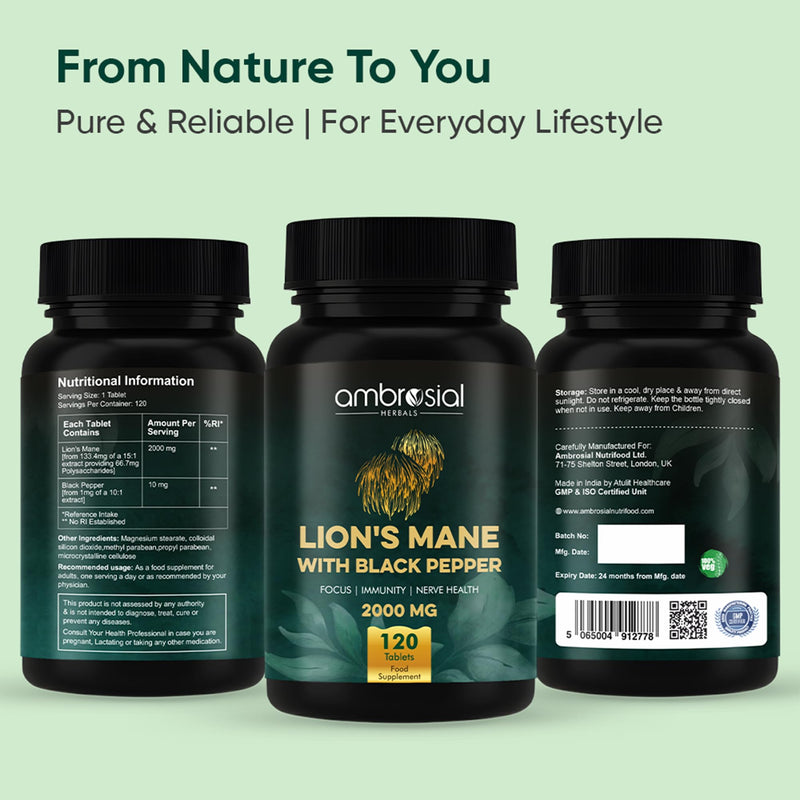 Ambrosial Lion’s Mane Mushroom Supplement with Black Pepper – 2000 mg High Strength Extract per Serving – Plant-Based Brain & Body Balance Formula – 120 Vegan Tablets – Non-GMO, Gluten-Free