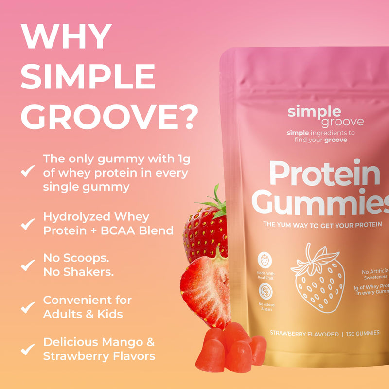 simple groove Protein Gummies|1g Whey Protein per Gummy | Healthy Snacks | Essential Amino Acids | Healthy Gummy Candy | Gummies for Women Men Kids Strawberry 150 Count (Pack of 1)