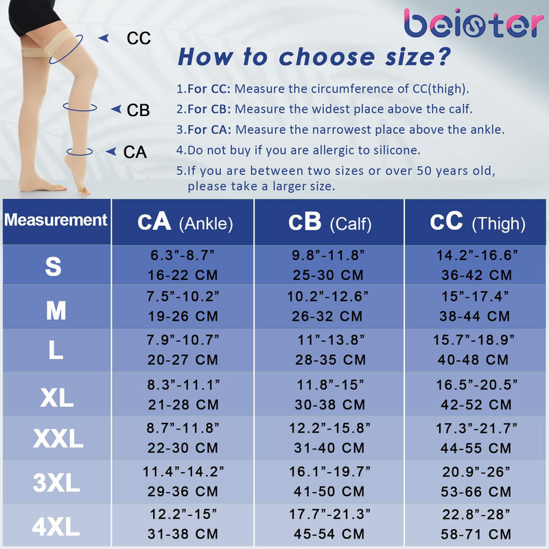 [Australia] - beister 15-20 mmHg Open Toe Medical Compression Stockings for Women Men, Thigh High Graduated Compression Socks with Dot Silicone Band, Support Circulation Pressure Stockings for Varicose Veins, Edema Beige Large 