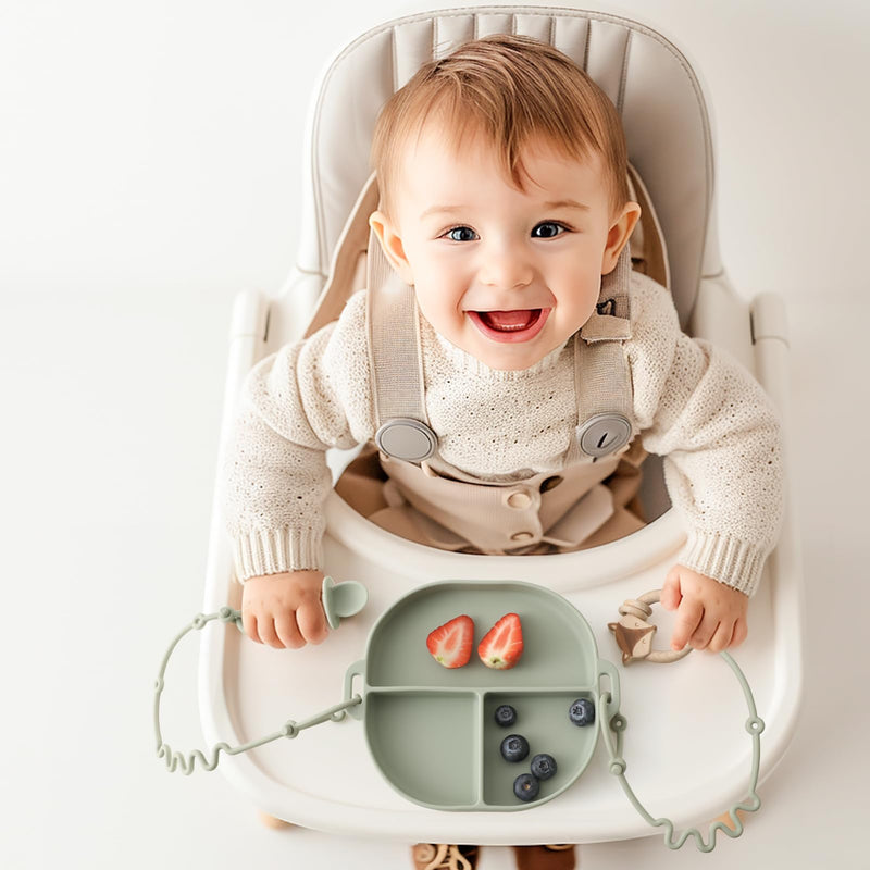 [Australia] - Silicone Plates for Babies with Suction Divided Baby Spoons Silicone Baby Toy Straps All-in-one Plates Silicone Placemat for Babies Toddlers Attachable Tethers & Built-in Suction Cups-Blush Blush 