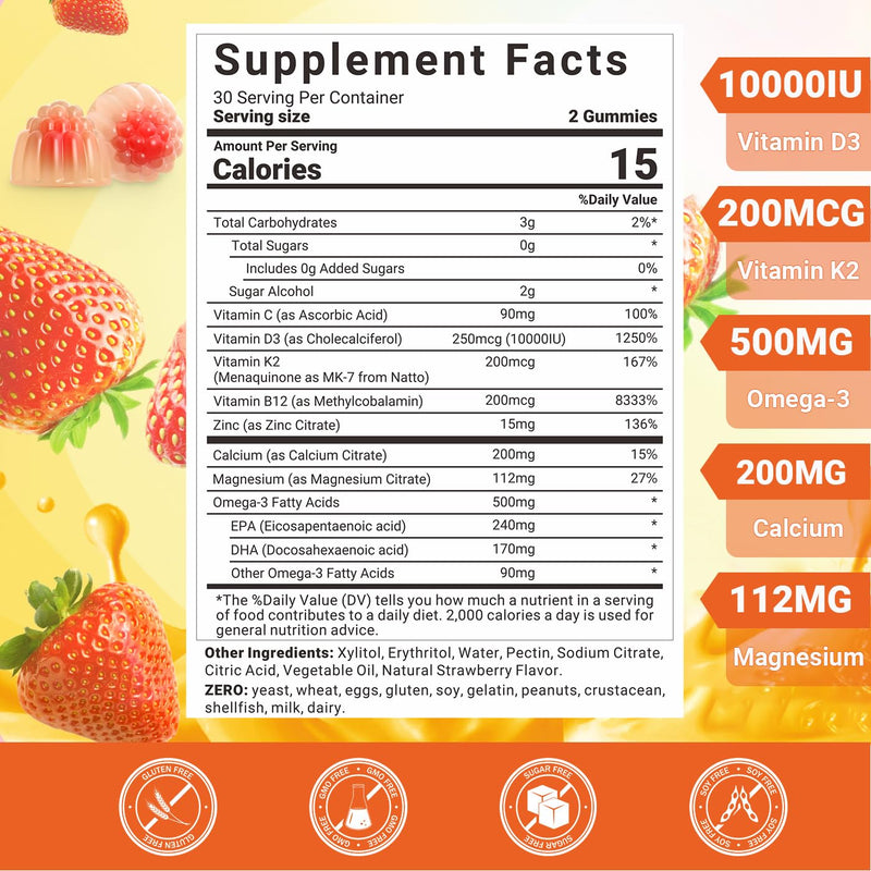 Vitamin D3 K2 Gummies, D3 K2 Vitamin with Omega 3, Calcium, Magnesium | for Bone Muscle Teeth Immune, Sugar Free 60 Count (Pack of 1)