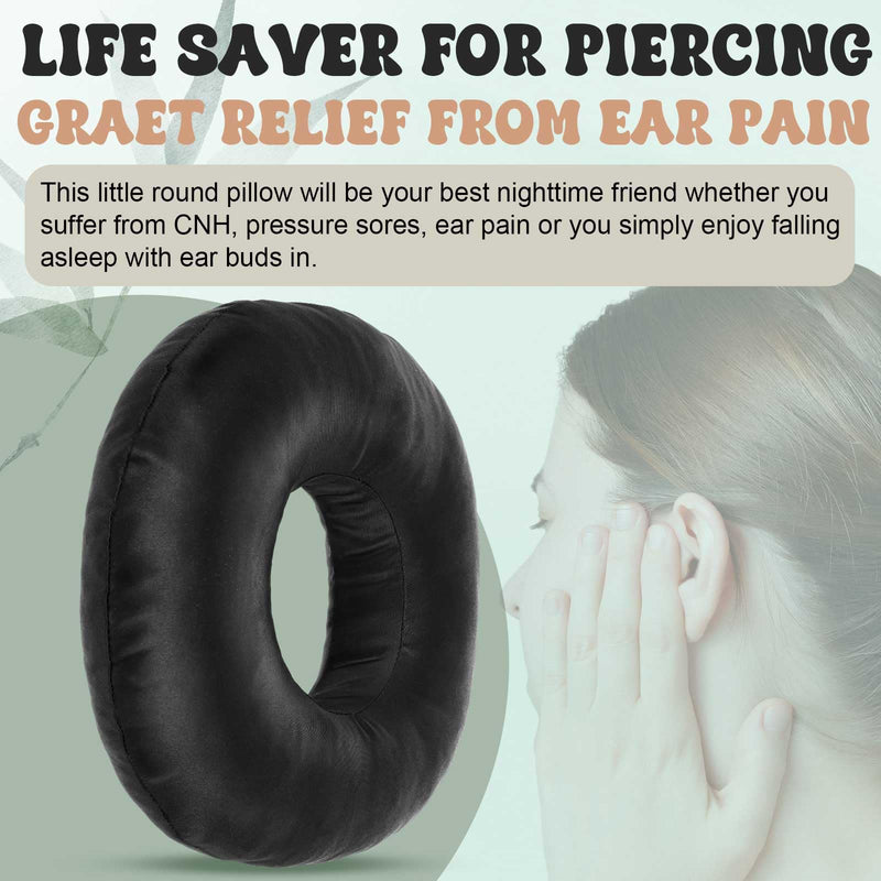 2 Pcs Satin Ear Hole Piercing Pillows Donut Pillow for Ear Pain Side Sleeping Neck Head Pressure Sore Relief Headphones Travel Protector Guard Lifesaver Tinnitus (Black) Black