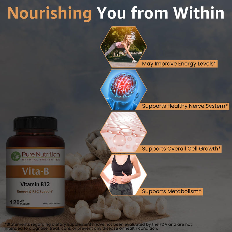 Pure Nutrition Natural Vitamin B12 1500mcg (Methylcobalamin) | 120 Veg Tabs | Vitamin B12 Supplement Helps Support Metabolism, Blood Cells, and Nerves Function* | Non GMO