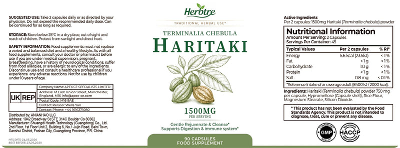 Premium Natural Haritaki Supplements | Terminalia Chebula Powder Extract for Intestinal Cleanse & Immune Support | Constipation Relief Digestion Support | Vegan 90 Capsules
