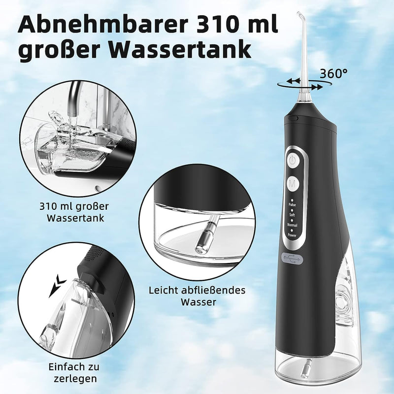 [Australia] - Powerful Oral Irrigator Electric Tooth Cleaner 4 Modes & 4 Nozzles Wireless Oral Irrigator IPX7 Waterproof Water Flosser 310ML Removable Water Tank for Ten Home and Travel Use Black 
