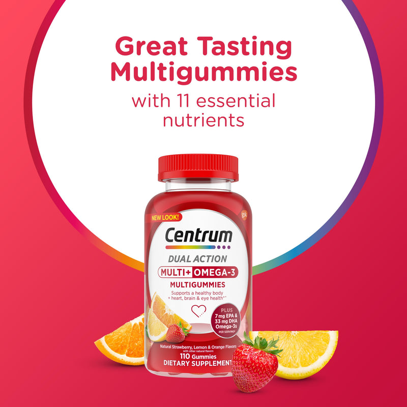 Centrum MultiGummies Multi+ Omega 3, Assorted Fruit Flavors, 110 Count | Supports Heart Health, Normal Brain Function, Eye Health, Daily Energy Needs and Normal Immune Function, GLP-1 Support New 110 Count (Pack of 1)