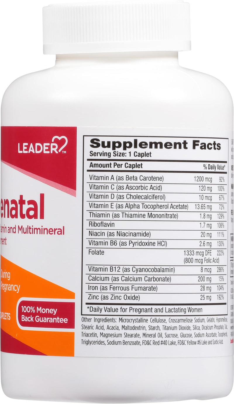 Leader Prenatal Multivitamin with 800Mcg Folic Acid & Essential Nutrients for Healthy Pregnancy & Fetal Development, Dha, High Potency Vitamin for Expecting Moms, Daily Support, 365 Caplets 1 Count (Pack of 365)