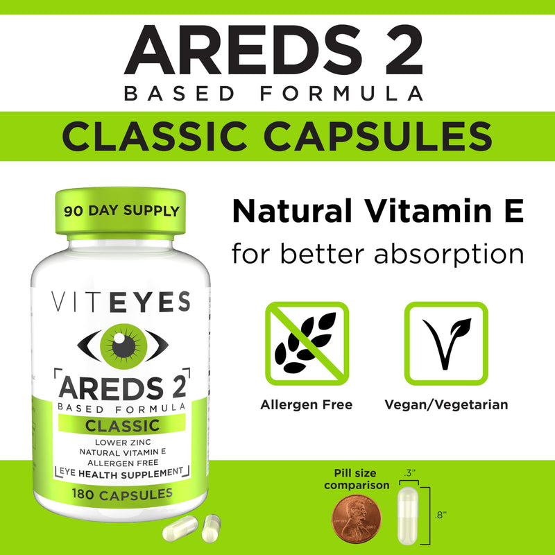 [Australia] - Viteyes AREDS 2 Eye Vitamins, Classic Macular Support, Allergen Free Capsules, with Natural Vitamin E, Vitamin C, Zinc, Copper, Lutein & Zeaxanthin, Eye Doctor Trusted, Manufactured in The USA, 180 Ct 180 Count (Pack of 1) 