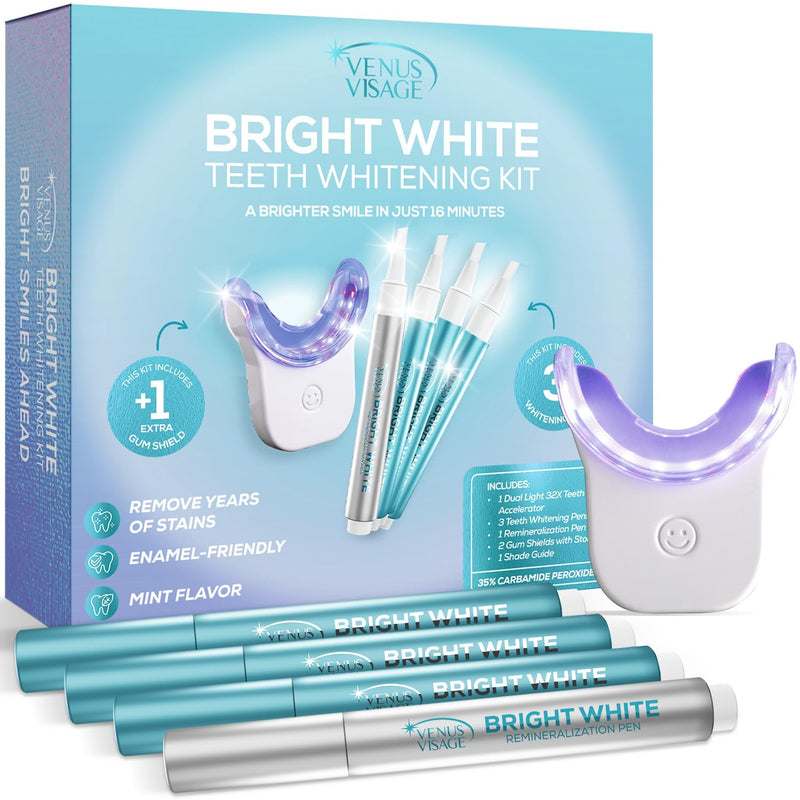 [Australia] - Venus Visage Teeth Whitening Kit with LED Light Device - Includes 3 Carbamide Peroxide Gel Pens, Teeth Whitening Trays & Remineralization Pens - 16 Min Non Sensitive Pens with Syringes 