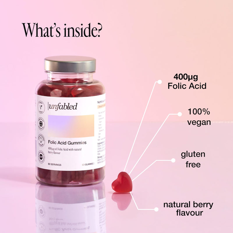 Unfabled Folic Acid Gummies for Women, 60 Berry Gummies, 400µg Folic Acid (Vitamin B9), Contributes to Normal Maternal Folate Status, Preconception Supplement, NHS Recommended Dose