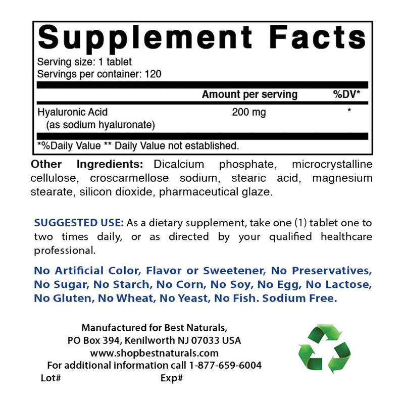 [Australia] - Best Naturals Hyaluronic Acid 200 mg 120 Tablets (Non-GMO, Gluten Free) - Promotes Youthful Healthy Skin & Healthy Joint Function (120 Count (Pack of 1)) 120 Count (Pack of 1) 