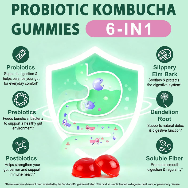 Probiotic Kombucha Gummy with Prebiotics, Probiotics & Postbiotics | Digestive Health & Gut Support Supplement | for Men & Women | Berry Bliss Flavor- 60 Gummies